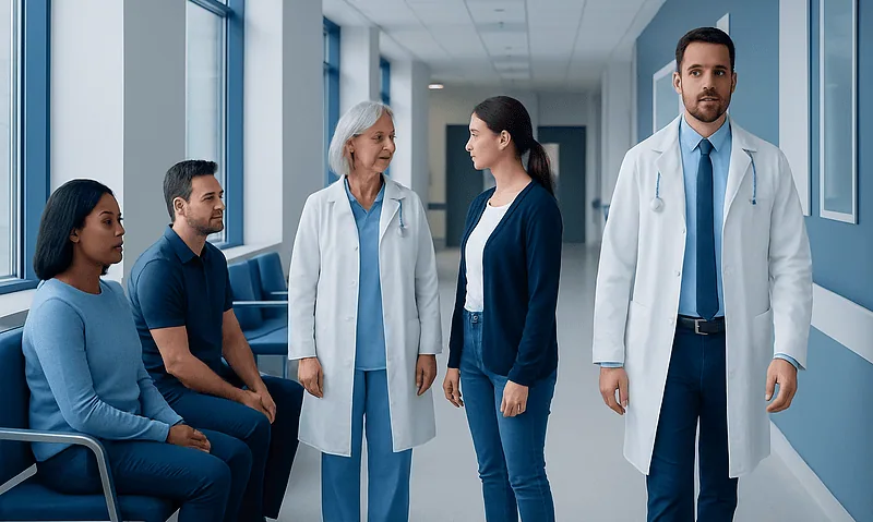 Medical team consulting with patients in hospital corridor.