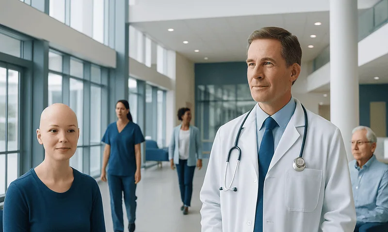 Doctor and patient in hospital corridor with staff in background.