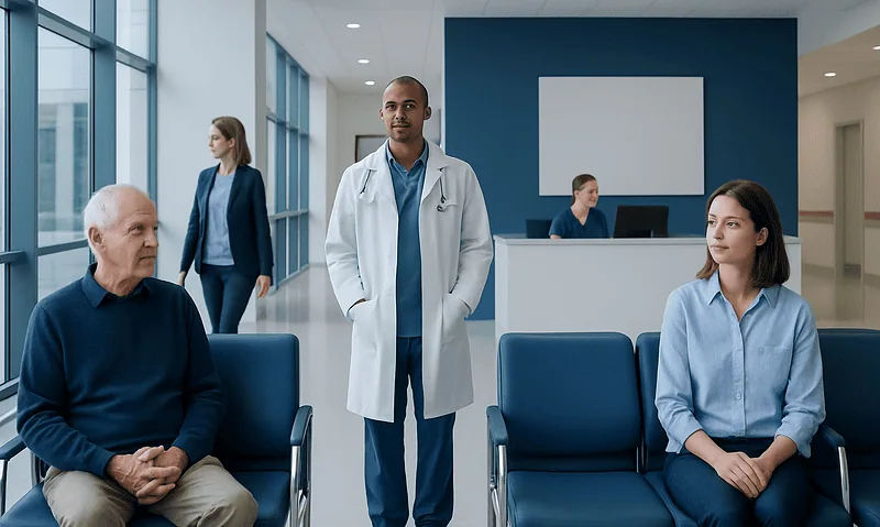 Doctor consulting with elderly patient in hospital waiting area.