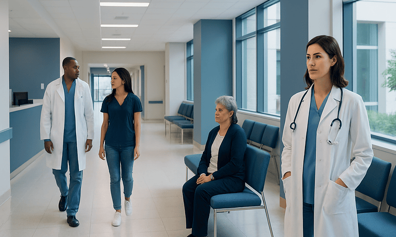 Medical staff and patient in hospital corridor at Acibadem Hospitals Group.