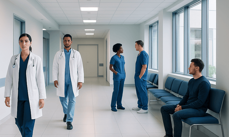 Medical professionals and patients in a hospital corridor at Acibadem Hospitals Group.