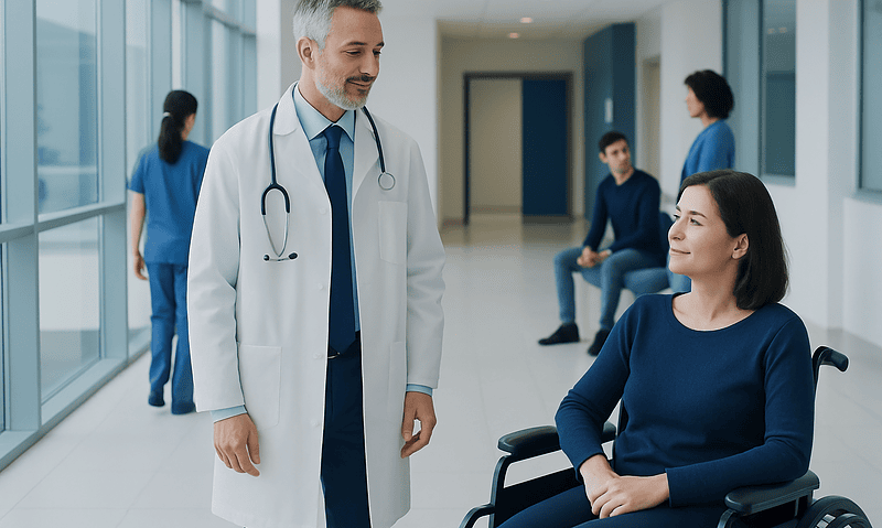 Doctor talking to a patient in a hospital corridor with other patients in the background.