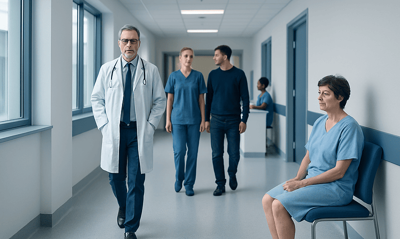 Medical professionals and patient in hospital corridor.
