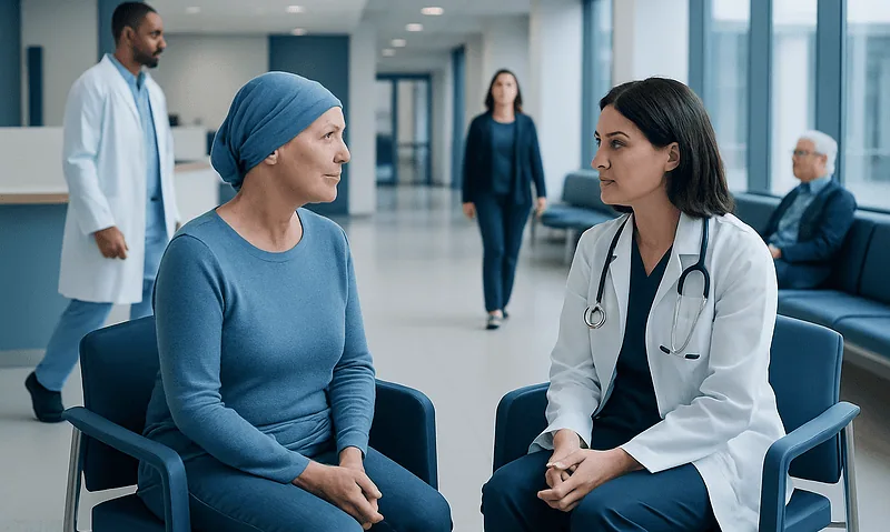 Doctor consulting with a patient in a hospital corridor.