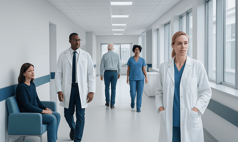 Medical professionals and patient in a hospital corridor at Acibadem Hospitals Group.