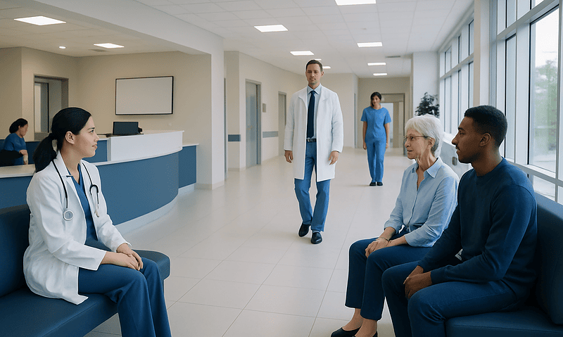 Medical consultation in hospital corridor with doctors and patients.