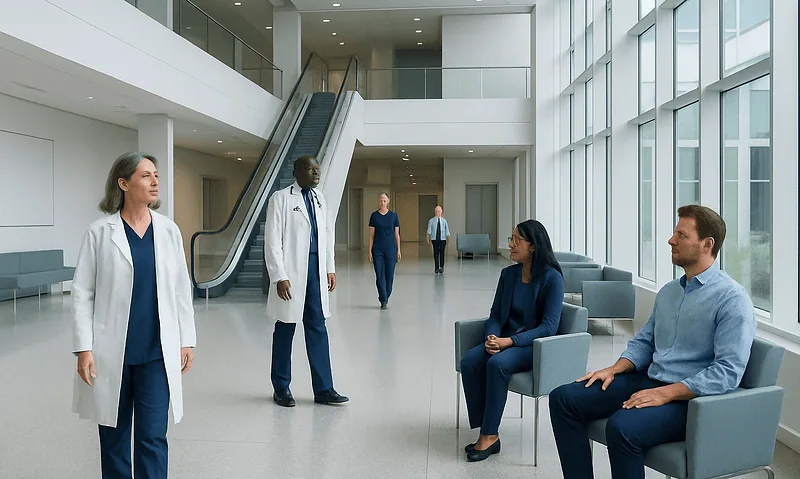 Medical professionals and patients in a modern hospital lobby with large windows.