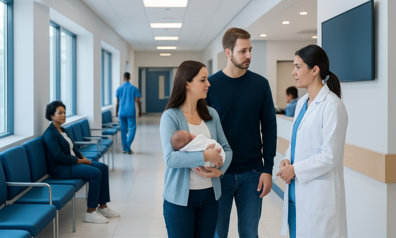 Parents with newborn in hospital corridor at Acibadem Hospitals Group.