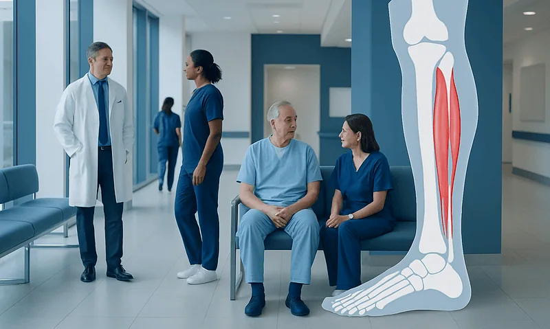 Medical professionals and patient in hospital corridor with leg anatomy model.