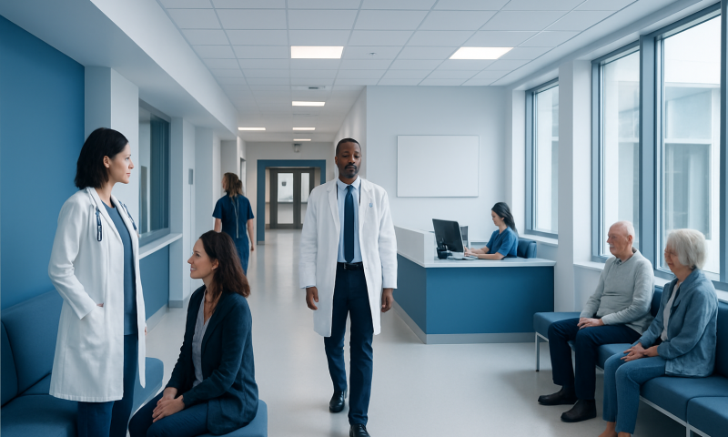 Medical professionals consulting with elderly patients in a hospital corridor.