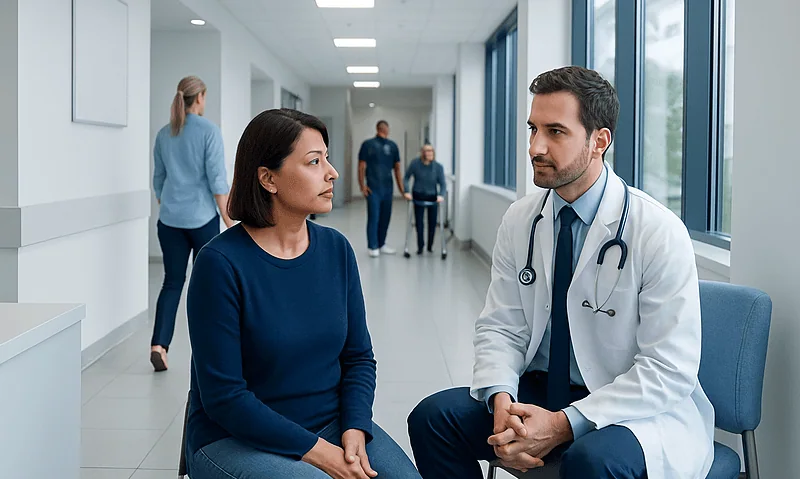 Doctor consulting with a female patient in a hospital corridor.