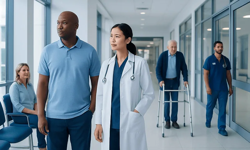Healthcare professionals and patients in a hospital corridor.