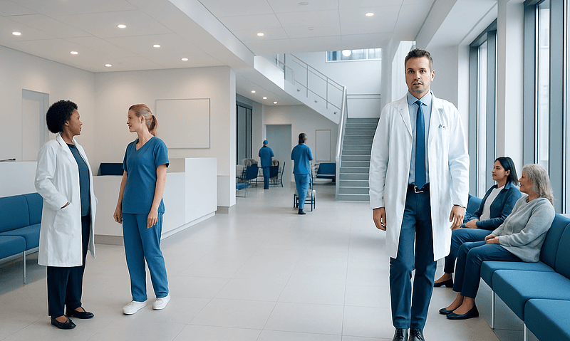 Modern hospital lobby with medical staff and patients in a bright, spacious setting.