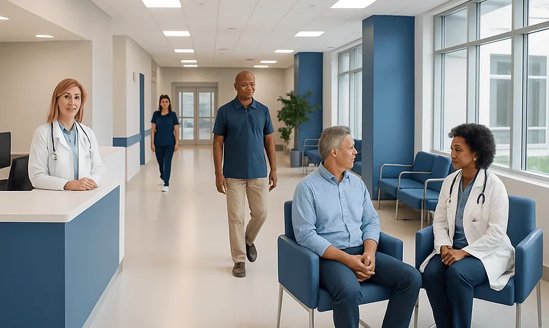 Patients and medical staff in a modern hospital corridor.