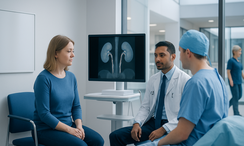 Doctor explaining kidney scan results to a patient in a hospital setting.