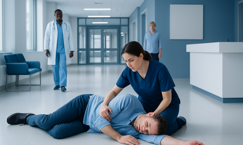 Healthcare professional assists patient on hospital floor in a medical setting.