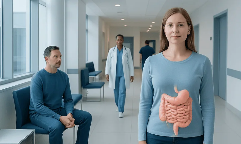 Woman with a digital stomach overlay in a hospital corridor.