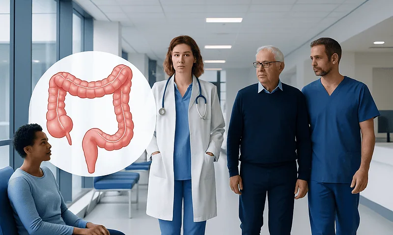 Medical team discussing colon health with patient in hospital corridor.