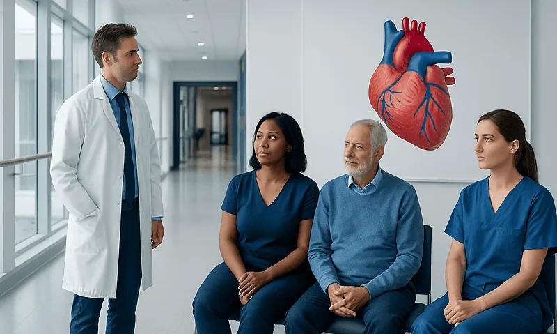Medical team discussing heart health in hospital corridor with heart diagram.