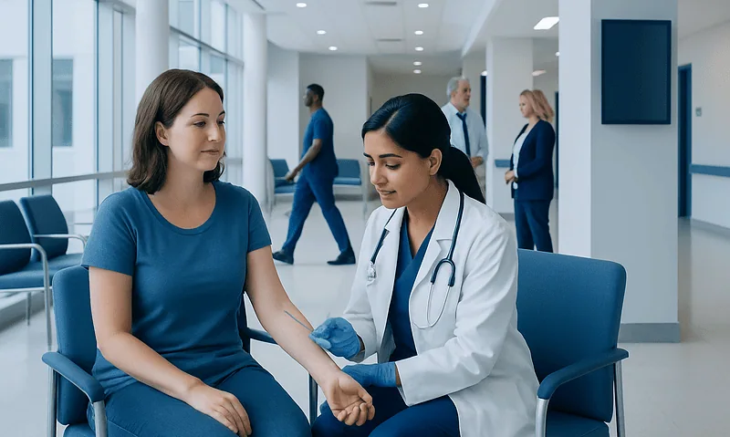 Doctor drawing blood from a patient in a hospital corridor.