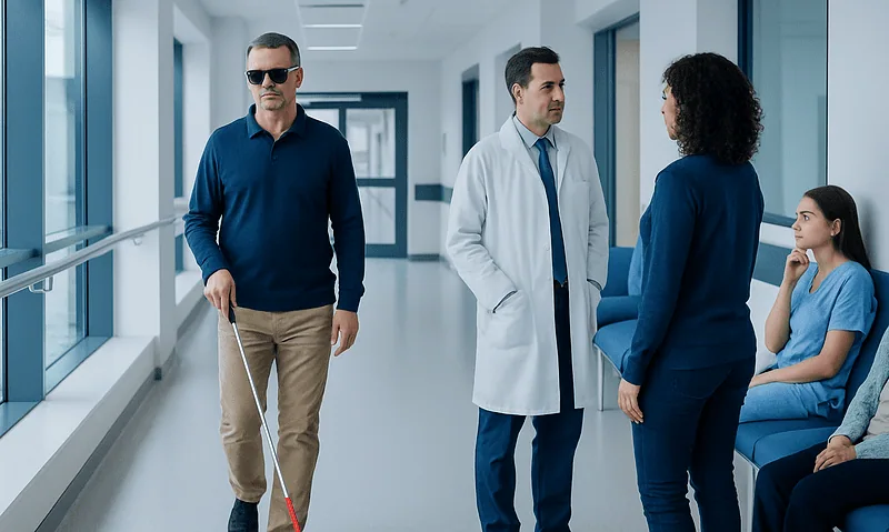 Patient with visual impairment in hospital corridor with guide dog and medical staff.