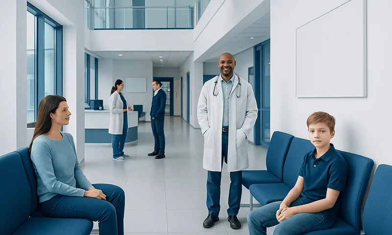 Medical consultation in a modern hospital waiting area with doctor and patients.