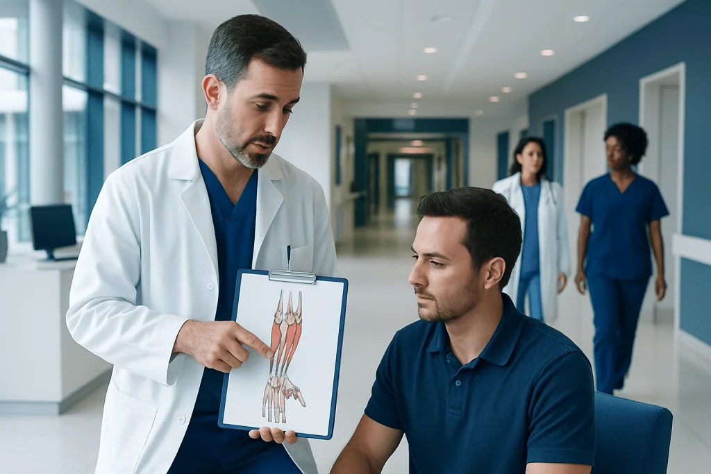 Wrist Extensors: A Complete Medical Overview 1 Doctor explaining wrist muscles to patient in hospital corridor.