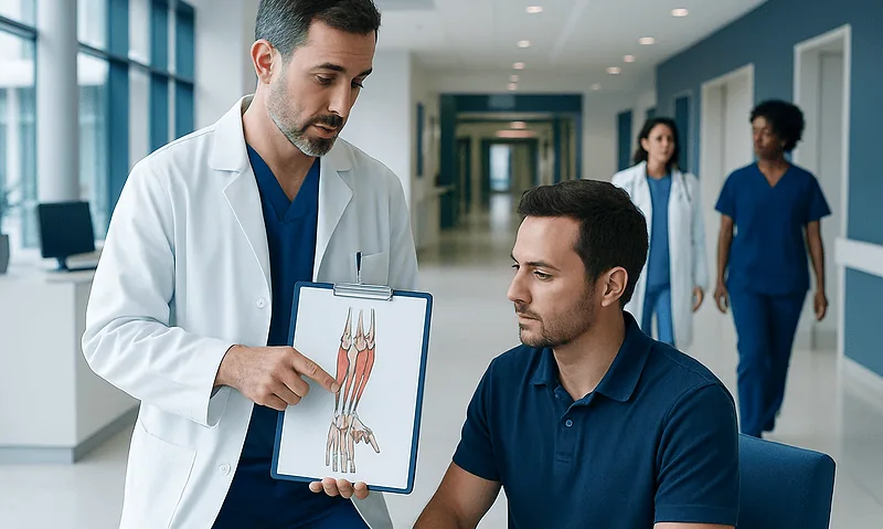 Doctor explaining wrist muscles to patient in hospital corridor.