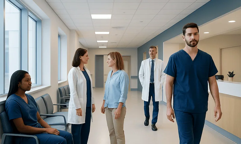 Medical team in hospital corridor preparing for patient care.