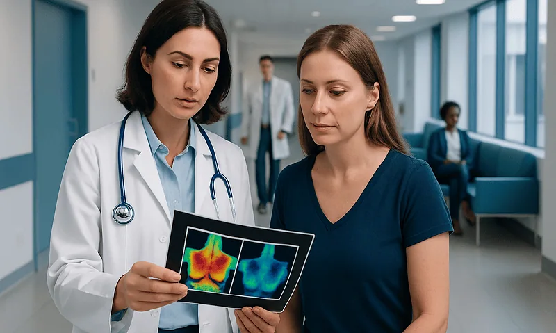 Doctor showing thermography results to a patient in a hospital corridor.