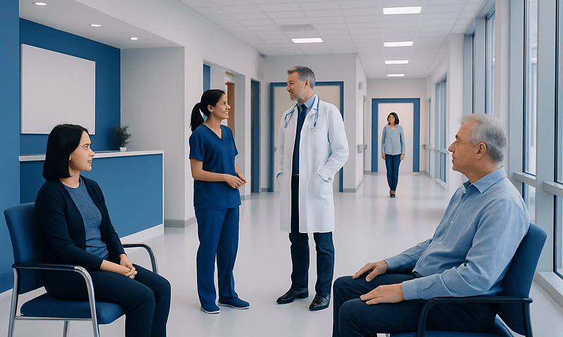 Medical consultation at Acibadem Hospital with healthcare professionals and patients.