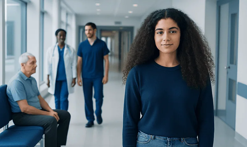 Diverse group of medical professionals and patient in hospital corridor.