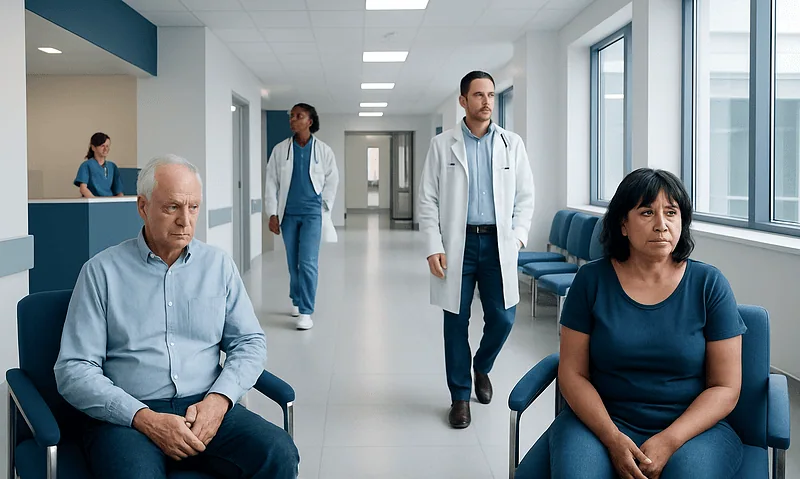 Patients waiting in a hospital corridor with medical staff nearby.