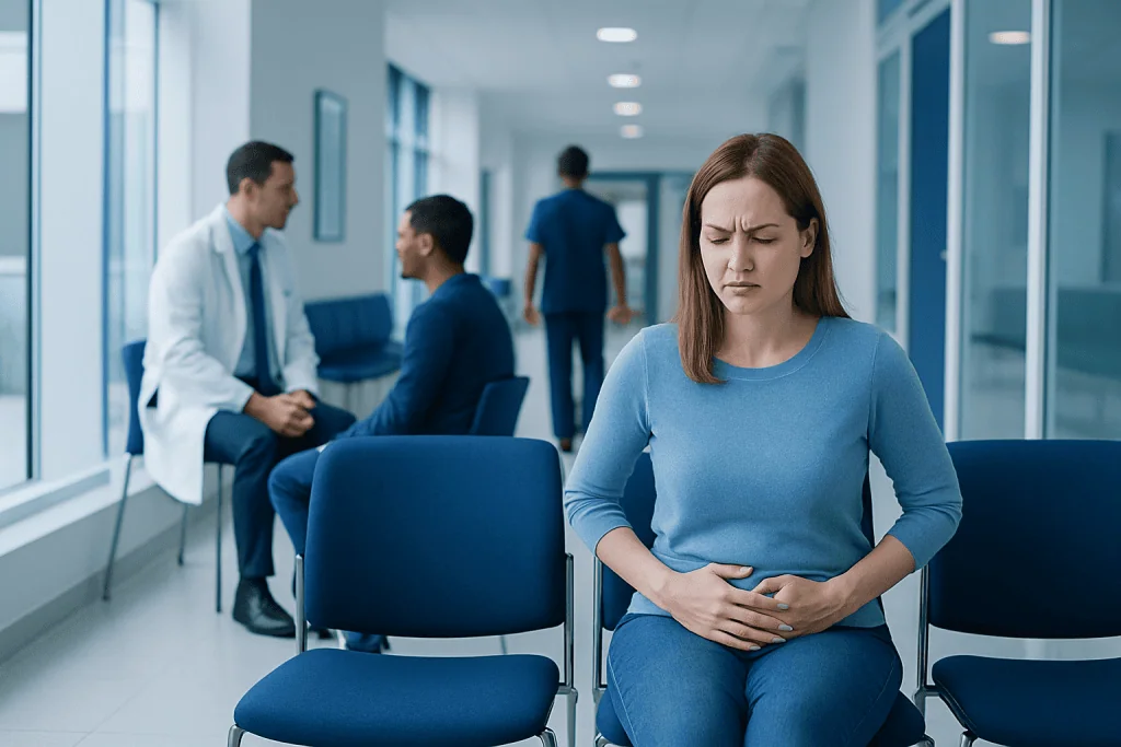 Burning Sensation in Lower Abdomen Female: A Complete Medical Overview 1 Young woman experiencing lower abdominal pain in a hospital corridor.