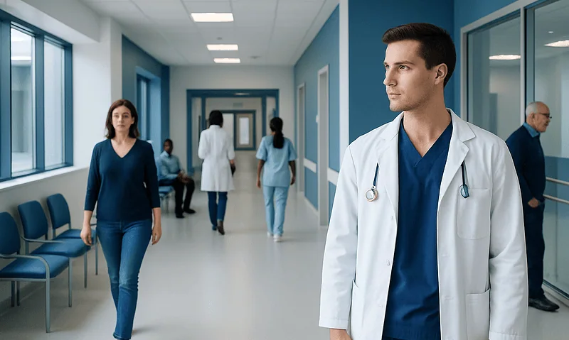 Healthcare professionals in a hospital corridor with a doctor in the foreground.