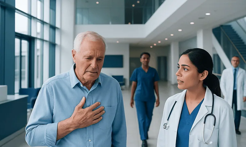 Senior man experiencing chest discomfort in hospital with healthcare professionals nearby.