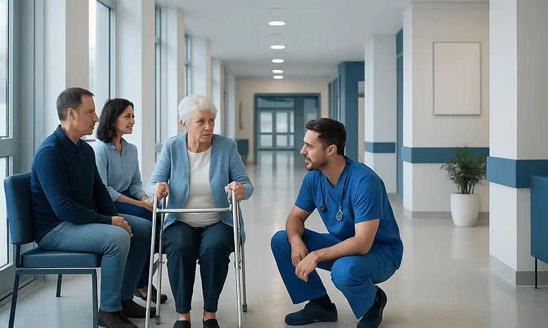Elderly woman with walker consulting with healthcare professionals in hospital corridor.