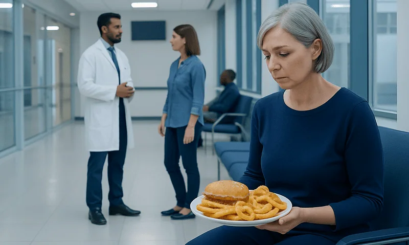 Woman with gray hair holding a plate of fast food in a hospital corridor.