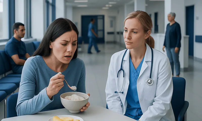 Young woman feeling unwell with a doctor in hospital corridor.