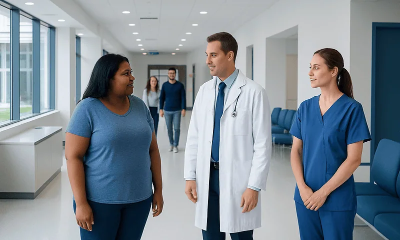 Healthcare professionals and patient in hospital corridor at Acibadem Hospitals Group.