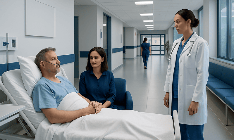 Doctor consulting patient in hospital corridor after lung biopsy procedure.