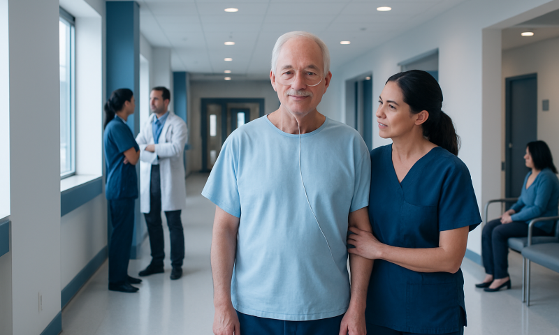 Senior patient with nurse in hospital corridor after lung surgery recovery.