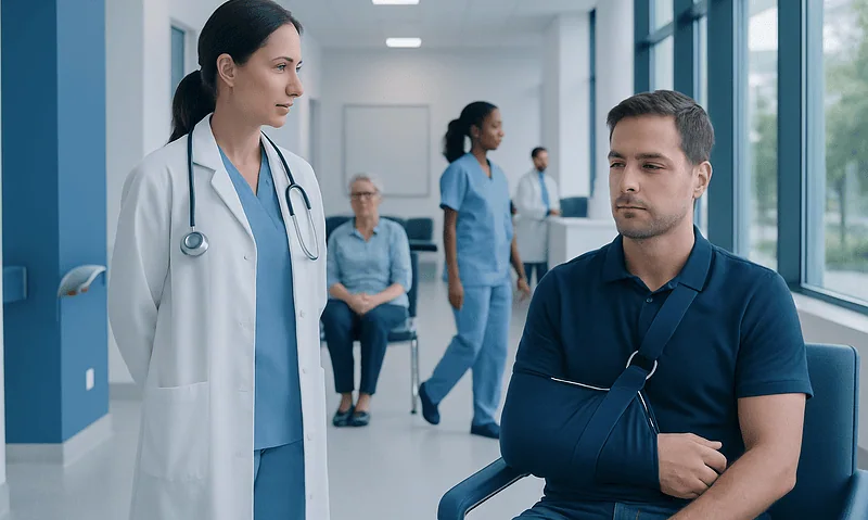 Doctor consulting a patient in a hospital corridor with medical staff in background.