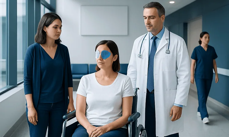 Patient with eye patch in hospital corridor with medical staff.