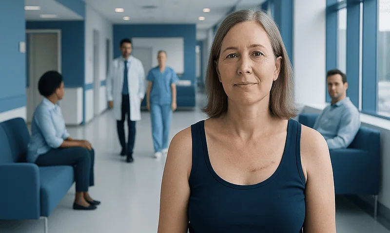 Patient in hospital corridor with medical staff in background.