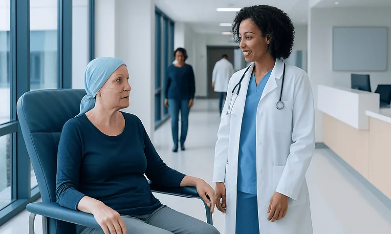 Doctor consulting a patient in a hospital corridor at Acibadem Hospitals Group.