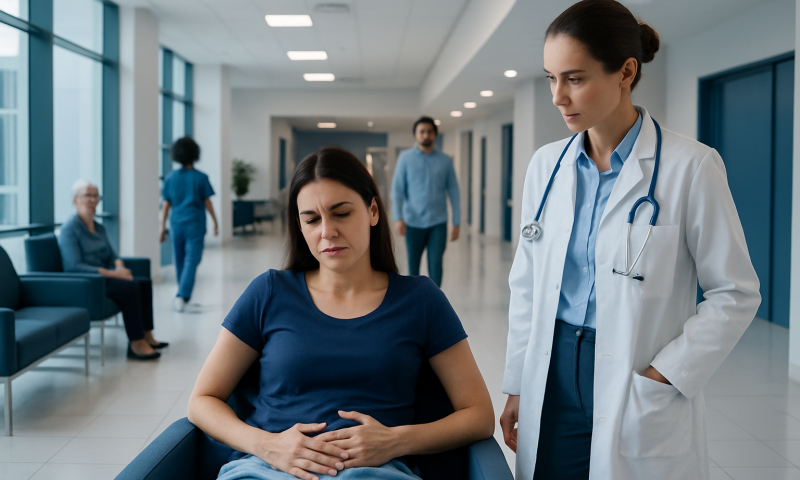 Patient experiencing abdominal pain in hospital corridor with medical staff nearby.