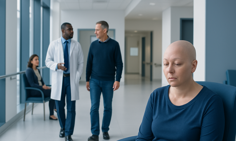 Patient with cancer in hospital waiting area with doctors and visitors.