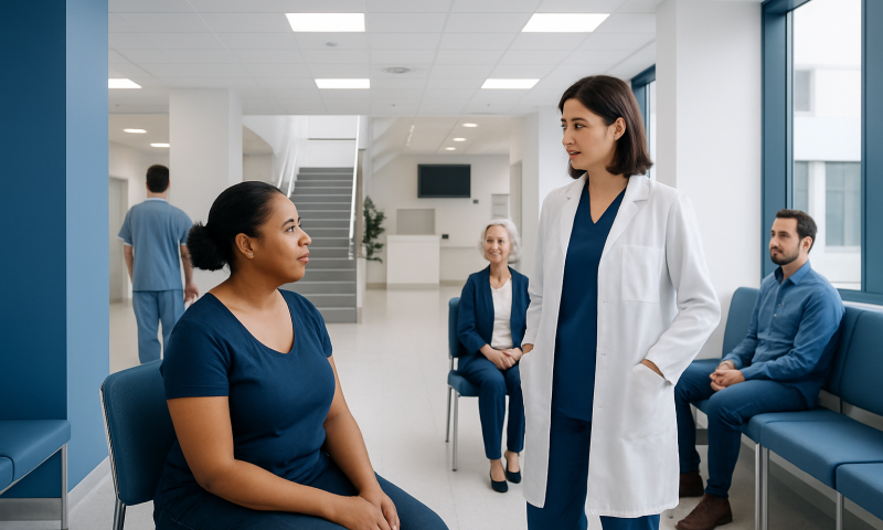 Doctor consulting patient in a modern hospital waiting area.