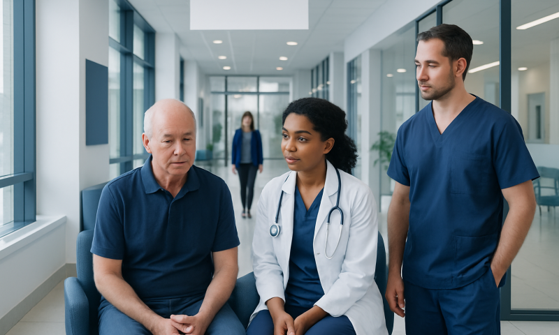 Medical team consulting patient in hospital corridor.